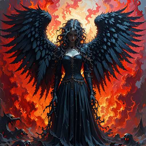 The image depicts a striking, computer-generated scene of a woman with large, dark grayish-black wings, standing amidst a fiery landscape. She is dressed in a long, black gown with intricate gold and silver embellishments, including a corset-like bodice and a belt adorned with beads. Her long, curly black hair cascades down to her chest, and she has a somber expression as she looks downward. The background is filled with intense red and orange flames, creating a dramatic and fiery atmosphere. Surrounding her are various demonic creatures, including skeletal faces with sharp teeth and other monstrous entities with glowing red eyes. The overall scene is dark and ominous, with the woman's wings appearing almost metallic and her gown seemingly made of leather. The image is square in shape, with the woman positioned centrally, emphasizing her imposing presence against the infernal backdrop.