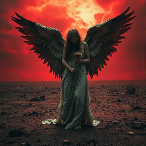 A woman with long brown hair and a white dress stands on a rocky plain under a red sky, holding a bouquet of flowers.