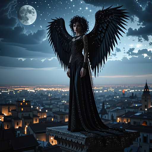 The image depicts a striking scene of a woman with large, black angel wings adorned with white specks, standing on a stone pedestal atop a building. She is dressed in a long, black gown that flows down to the ground, also speckled with white. Her curly black hair cascades down, and she wears a black necklace. The woman's wings are spread wide, and she gazes directly at the viewer with a serious expression. The background reveals a nighttime cityscape with numerous buildings illuminated by yellow lights, and a prominent church spire can be seen on the right. The sky is a deep blue, filled with dark clouds, and a full moon is visible in the top left corner. The overall atmosphere is dark and mysterious, with the woman's black attire and wings contrasting sharply against the illuminated city below.