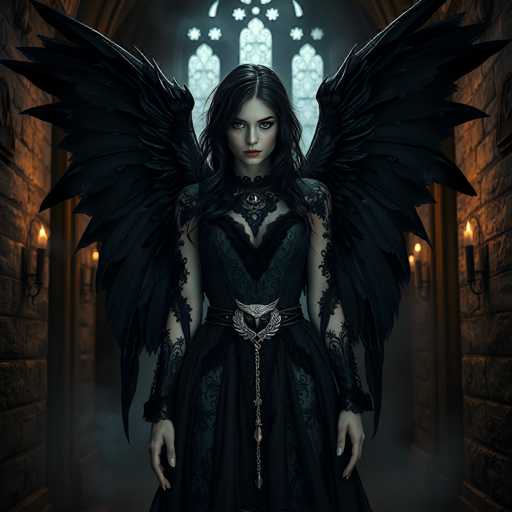 The image depicts a striking young woman with long, dark hair and piercing blue eyes, standing in the center of a dimly lit stone hallway. She is adorned in an elaborate black dress with intricate lace details, featuring a deep V-neckline and a prominent silver belt with an eagle emblem. Her arms are covered in black lace sleeves, and she wears a choker necklace with a silver pendant. Large, black, feathered wings extend from her back, adding to her ethereal appearance. The hallway is lined with stone walls and illuminated by flickering candles in sconces, casting a warm glow that contrasts with the dark, gothic attire of the woman. Behind her, arched windows with stained glass add a touch of medieval ambiance to the scene.
