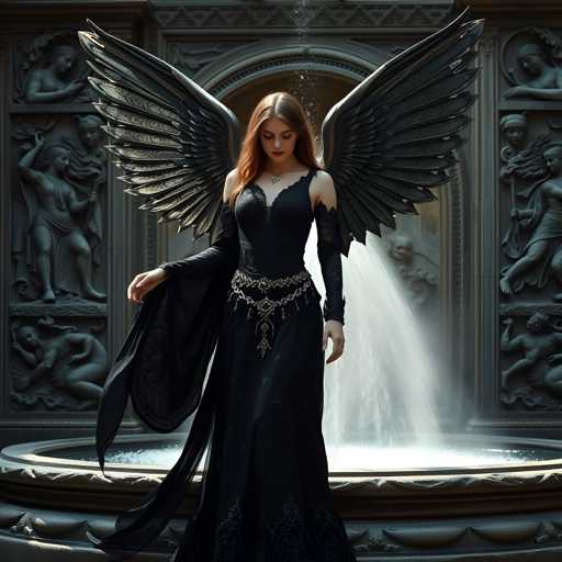 A woman with long brown hair and red hair is standing in front of a fountain wearing a black dress with wings on her back and a necklace around her neck. The fountain has water shooting up from it, creating an illusion that she is flying through the air.