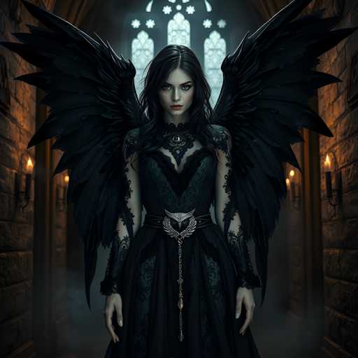 A woman with long dark hair and wings is standing in a dimly lit hallway, wearing a black dress adorned with gold accents and a chain around her neck. The walls of the hallway are made of stone, and there are candles on either side of the doorway through which she stands.