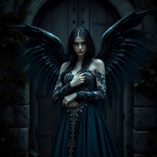 The image depicts a young woman with long, dark hair, standing in front of a large, arched wooden door framed by stone. She is dressed in an elaborate, dark blue gown adorned with intricate lace and floral patterns, particularly around the waist and chest. Her attire includes a bustier-like top and a flowing skirt. The woman's arms are covered in blue lace sleeves, and her left arm features a tattoo of blue leaves. She has large, black wings extending from her back, adding to her ethereal appearance. Her expression is serious, and she gazes directly at the camera with a composed demeanor. The overall scene is dimly lit, with the background showing a stone wall and some greenery on the sides, enhancing the mysterious and gothic atmosphere.