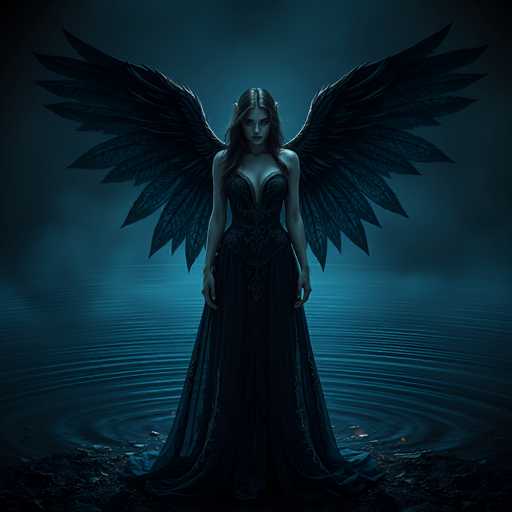 The image depicts a striking, dark fantasy scene featuring a woman with large, black, feathered wings that extend from her back. She stands on a rocky shoreline, with the water behind her rippling in concentric circles, suggesting recent movement. The woman is dressed in a long, flowing black gown with intricate embroidery along the edges, and her dress has a deep V-neckline that reveals her shoulders and chest. Her long, dark hair cascades down to her waist, and she has pointed ears, adding to her ethereal appearance. She gazes directly at the viewer with a serious expression, her arms hanging straight down by her sides. The overall color palette of the image is dominated by dark blues, blacks, and grays, enhancing the mysterious and ominous atmosphere.