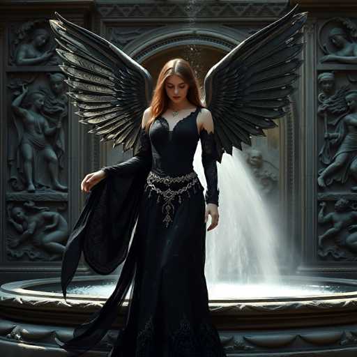 A striking image features a woman with long, reddish-brown hair cascading down her back. She is adorned in a black dress with intricate lace sleeves that extend to her wrists. The dress is embellished with ornate silver jewelry around her waist, adding a touch of elegance. Her large, black wings, detailed with feather-like patterns, spread majestically behind her. She stands poised in front of a grand fountain, which is surrounded by intricate stone carvings of women. The water from the fountain cascades down, creating a serene atmosphere. The woman gazes downward, her expression serene and contemplative.
