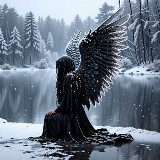 In this detailed black-and-white digital artwork, a striking winged figure sits gracefully on a snow-covered ground beside a serene lake. The figure, draped in a long, flowing black robe that cascades into a puddle around them, has their face obscured by a hood. Their long, dark hair flows down their back, adding to the ethereal quality of their presence. The wings, large and majestic, are predominantly black with intricate white tips and delicate white specks scattered across them, resembling snowflakes. The wings are positioned in a way that suggests they are slightly raised, as if ready to unfurl. The backdrop features a dense forest of tall, snow-laden pine trees, their branches heavy with the white snow. The lake, reflecting the surrounding trees, adds a mirror-like quality to the scene, enhancing the tranquil and mystical atmosphere. The overall composition is rendered in shades of black, white, and gray, emphasizing the contrast and depth of the image.