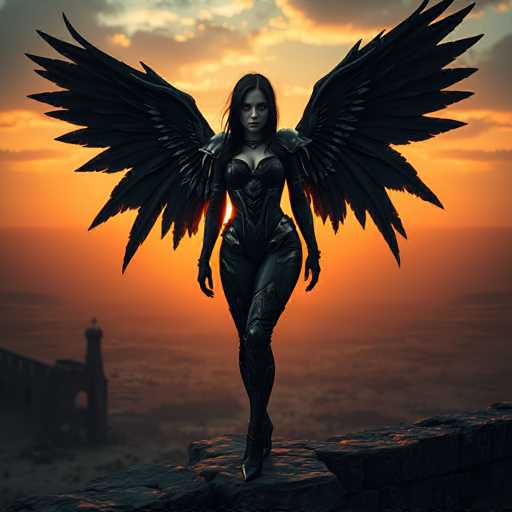 The image depicts a striking, computer-generated scene of a woman standing on a rocky outcrop, set against a dramatic sunset. The woman, who has long black hair and pale skin, is dressed in a sleek, black leather bodysuit that accentuates her figure. She wears a choker around her neck and has large, black, feathered wings extending from her back, with feathers that are jagged and pointed at the ends. Her eyes are a vivid red, adding to her otherworldly appearance. The background features a vast, orange-hued landscape with a distant castle or tower on the left side, partially obscured by the misty, foggy atmosphere. The sky is a blend of orange and blue, with clouds tinged in orange, enhancing the ethereal quality of the scene. The woman stands confidently, with her left leg slightly bent and her arms hanging by her sides, gazing directly at the viewer.