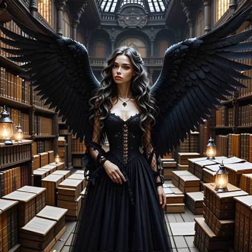 In this detailed and evocative image, a young woman with long, wavy gray hair stands gracefully in the center of an expansive, multi-level library. She is adorned in a striking black dress that features a corset-like top with intricate lacing and a flowing skirt. Her ensemble is complemented by fishnet sleeves and a delicate necklace with a small pendant. The woman's most captivating feature is her pair of large, black angel wings that extend majestically from her back, adding an ethereal quality to her appearance. She gazes directly at the viewer with a serene expression, her right hand resting gently on her hip. The library around her is filled with numerous bookshelves, some stacked with books while others hold boxes, and lanterns are placed on top of the bookshelves, casting a warm glow. The setting is further enhanced by the presence of a balcony in the background, adding depth to the scene. The overall atmosphere is one of quiet contemplation and timeless beauty, with the woman's presence suggesting a harmonious blend of the earthly and the celestial.