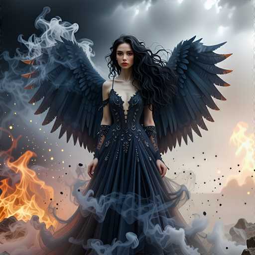 The image depicts a striking, AI-generated fantasy scene featuring a woman with long, wavy black hair and pale skin. She stands in the center, wearing a dark blue, low-cut dress adorned with intricate silver embellishments and lace-up details. Her dress has a deep V-neckline, a corset-like bodice, and a flowing skirt that extends to the ground. She also wears black armbands that reach up to her elbows. 

Her large, dark blue wings, tipped with orange, spread out behind her, adding to her ethereal presence. The background is a dramatic blend of dark and light gray clouds, with fiery orange and yellow flames on both sides. Smoke swirls around her, enhancing the mystical atmosphere. The overall color palette includes shades of black, gray, white, blue, orange, yellow, and brown, creating a vivid and enchanting visual experience.
