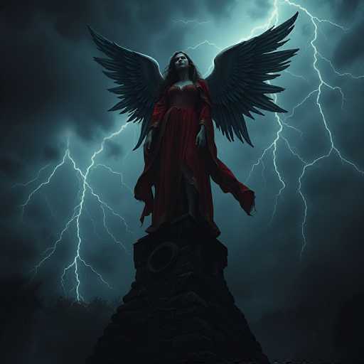 The image depicts a striking statue of a woman with large, dark gray wings, standing atop a stone pedestal. She is adorned in a flowing red dress with long sleeves, and her long, dark hair cascades down her back. The statue's head is tilted upwards, as if gazing towards the heavens. The background is a dramatic night sky filled with dark gray clouds, illuminated by multiple lightning bolts that streak across the scene. The lightning creates a stark contrast against the otherwise dark backdrop, highlighting the ethereal and powerful atmosphere surrounding the statue. The pedestal beneath her feet is made of dark gray stone, adding to the overall somber and majestic mood of the image.