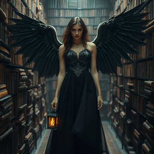In this captivating image, a woman stands in the center of a grand library, surrounded by towering bookshelves that stretch from floor to ceiling. She is adorned in a striking black dress that features intricate lace details on the bodice, which is designed with a deep V-neckline. The dress flares out elegantly from the waist, creating a dramatic silhouette. Her long, dark hair cascades down her back, framing her face and adding to her ethereal appearance.

The woman's most striking feature is the pair of large, black wings that extend from her back, their feathers meticulously detailed and giving her an otherworldly presence. In her right hand, she holds a lantern that emits a warm, orange glow, casting a soft light around her. Her expression is serious, and she gazes directly at the viewer, creating a sense of mystery and intrigue.

The library itself is a majestic space, with bookshelves lining both sides of the narrow aisle she stands in. The floor beneath her is a rich brown, adding to the warm and inviting atmosphere of the room. The overall composition of the image creates a powerful and enchanting scene, blending elements of fantasy with the timeless beauty of literature.