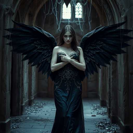 A captivating image features a woman with long, dark hair, dressed in an elegant black gown adorned with intricate silver embellishments. She stands in a grand, stone hallway, her arms crossed over her chest, exuding a sense of quiet strength. Large, black wings extend from her back, adding an ethereal quality to her presence. The hallway is lined with arched windows and stone columns, with light filtering through the windows, casting a soft glow on the scene. The floor is scattered with leaves, adding a touch of nature to the majestic setting. The woman's intense gaze is directed straight at the camera, creating a powerful and mesmerizing focal point.
