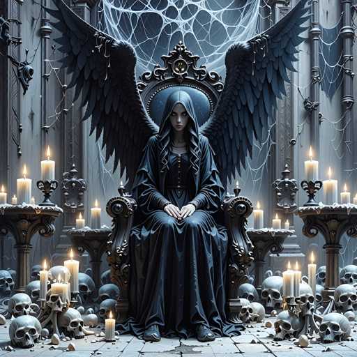 A dark, gothic scene unfolds in a grand hall. A woman clad in a long, flowing black gown sits on an ornate throne adorned with skulls and candles. She has large, dark wings that extend from her back, and a hooded cloak obscures much of her face. The throne is surrounded by numerous skulls, some arranged in piles and others placed on pedestals. Candles flicker around the scene, casting a dim, eerie light. The background features intricate details like webs and gothic architecture, creating a haunting atmosphere.