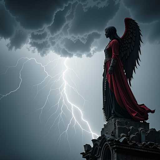 The image depicts a striking statue of a woman with dark, flowing hair cascading down her back. She is adorned in a flowing red dress that elegantly drapes to the ground, complemented by a black skirt underneath. Her ensemble is cinched at the waist with a black belt, and her arms are encased in black sleeves that extend to her wrists. The statue's most captivating feature is its pair of large, majestic black wings that rise from her back, adding an ethereal quality to her appearance. She stands poised on a square pedestal, which is part of a larger, intricately designed structure that includes a circular opening at the front. The backdrop is a dramatic, stormy sky filled with dark, menacing clouds. A vivid lightning bolt pierces through the gloom, illuminating the scene with its intense glow. The sky transitions from a deep gray at the edges to a lighter hue near the lightning, creating a stark contrast that highlights the statue's dramatic presence.