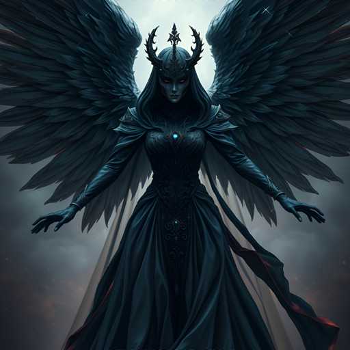 A woman with long black hair and wings is depicted wearing a dark blue dress adorned with gold accents and a crown on her head. The background features a dark sky filled with clouds, creating an atmosphere of mystery and intrigue.