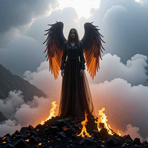 The image depicts a striking scene of a woman standing on a pile of black rocks, surrounded by flames that rise from the ground. She is dressed in a long, flowing black gown with a sheer skirt that extends to her feet. Her long, dark hair cascades down her back, and she has large, majestic wings sprouting from her back. The wings are predominantly black with orange and yellow hues near the bottom. The woman's expression is serious, and she gazes directly at the viewer. The background features a cloudy sky with a bright light shining through the clouds, and a mountain range is visible on the left side of the image. The overall atmosphere is dark and intense, with the fiery elements adding a dramatic flair to the scene.