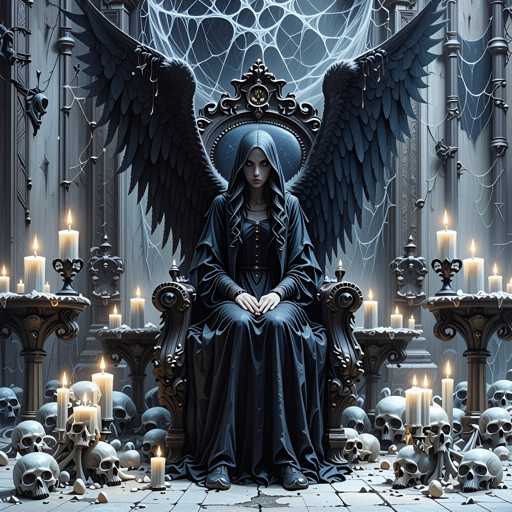 The image depicts an angel seated on a throne surrounded by numerous candles and skulls. The angel is wearing a long black robe with wings spread wide behind her head, and the throne has a gold frame around it. The scene is set against a dark blue background adorned with spiderwebs.