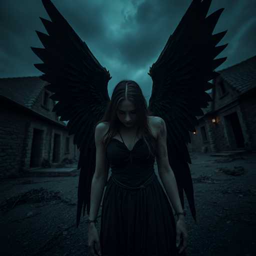 In this evocative image, a woman stands in the center of a desolate, abandoned town, her long dark hair cascading down to her shoulders. She is dressed in a black dress with a thin strap over her left shoulder, and her arms hang straight down by her sides. Her head is bowed, and her face is cast downward, giving her a contemplative or melancholic appearance. She has large, black wings that extend from her back, reaching up to the top corners of the image, adding a surreal and ethereal quality to her presence. The ground beneath her is a mix of dirt and scattered debris, with twigs and branches strewn about. Flanking her on both sides are old, stone buildings with dark, empty doorways and windows, some of which have lights on, casting a faint glow. The sky above is a dark, stormy blue, filled with ominous clouds, enhancing the overall somber and mysterious atmosphere of the scene.