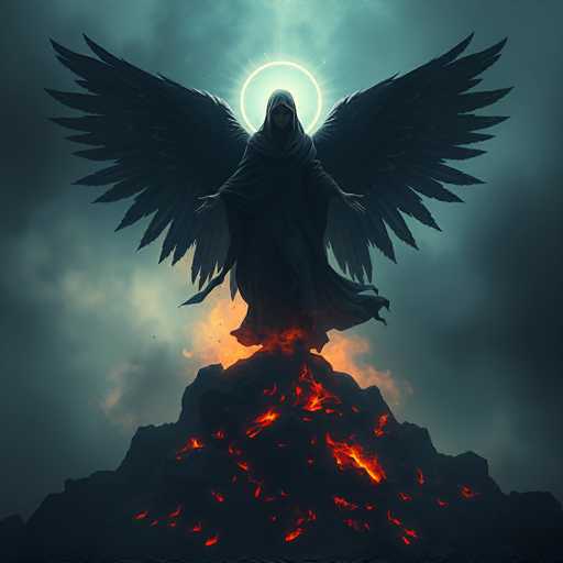 The image depicts a dark, ominous scene featuring a mysterious figure standing atop a smoldering pile of rocks and lava. The figure, shrouded in a long, flowing black robe, has large, dark wings extending from its back. Its head is partially obscured by a hood, and a radiant halo of light, resembling a sun or moon, glows behind its head, casting an eerie glow over the entire scene. The background is filled with dark, smoky clouds, adding to the foreboding atmosphere. The figure's arms are outstretched, and its feet are surrounded by intense flames, suggesting a powerful, otherworldly presence. The overall color palette is dominated by deep blacks and grays, with the fiery elements providing stark contrasts. The image evokes a sense of dark mysticism and supernatural power, reminiscent of scenes from fantasy or horror genres.
