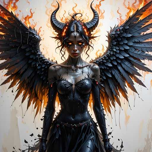 The image depicts a woman with black wings and horns, dressed in a black dress and holding a red object. The background is white with orange flames, creating an intense and dramatic atmosphere.