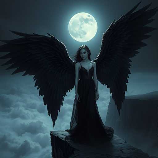 In this dark, gothic-style image, a woman stands on the edge of a jagged, flat-topped cliff, her long, flowing black hair cascading down as she gazes slightly to the left. She is dressed in a long, black dress with thin straps and a deep V-neckline, which drapes elegantly to the ground. Her arms hang straight down by her sides, and her expression is one of solemnity. Behind her, a pair of large, black, feathered wings spread out, adding to her ethereal presence. The background features a dark, cloudy sky with a full moon glowing brightly, casting a soft light that contrasts with the surrounding darkness. The scene is shrouded in mist, enhancing the mysterious and haunting atmosphere.