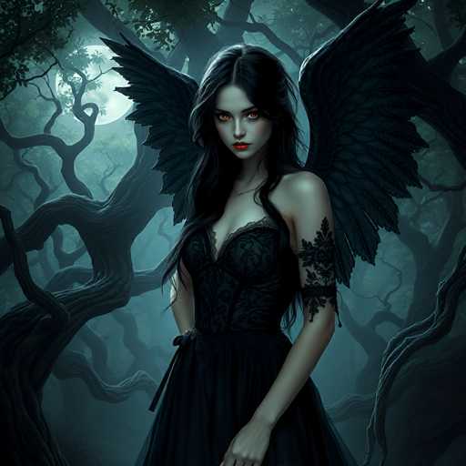 The image depicts a dark, gothic scene set in a twisted, gnarled forest under a full moon. At the center stands a young woman with long, dark hair cascading past her chest. Her striking red eyes and vivid red lips contrast sharply with her pale skin. She wears a black, lacy dress that ties at the waist with a ribbon, and her left arm is adorned with a black lace armband. Large, black wings extend from her back, adding to her ethereal presence. The moonlight casts an eerie glow on the scene, highlighting the intricate details of her attire and the menacing trees surrounding her.