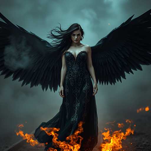 The image depicts a striking, computer-generated scene of a woman with long, flowing black hair, dressed in an elaborate, dark blue or black gown adorned with intricate silver lace patterns. She stands amidst a fiery landscape, with flames rising from the ground around her feet and extending to the right side of the image. Her gown, which features a deep V-neckline and a sheer skirt that billows out to the left, is complemented by large, black feathered wings that span the width of the image. The background is a smoky, grayish-blue sky, adding to the ethereal and mystical atmosphere of the scene. The woman's expression is serious, and she gazes directly at the viewer, creating a powerful and captivating focal point.
