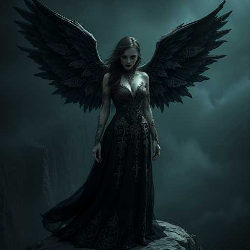 The image depicts a dark, gothic scene featuring a woman with large, intricate black wings that have a slight bluish tint. She stands on a gray rock, her long, flowing black hair cascading down to her chest. Her pale skin contrasts sharply with her dark attire, which includes a revealing black dress adorned with ornate gold and silver patterns. The dress is low-cut, showcasing her cleavage, and has long sleeves that extend to her wrists. She wears a choker necklace with a pendant that rests just above her chest. Her lips are painted a deep red, and her eyes are cast downward, giving her a somber expression. The background is a dark, cloudy sky, adding to the overall eerie and mysterious atmosphere of the scene.