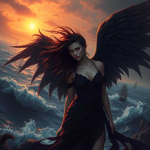The image depicts a striking, computer-generated scene of a woman standing on a rocky outcrop by the ocean during a dramatic sunset. The woman, who has long, flowing dark hair with hints of red, is wearing a black dress that ties at the top and has a slit on the side. Her eyes are glowing red, adding an eerie, supernatural element to her appearance. She has large, black wings that are spread out behind her, and her head is tilted slightly to the left. The ocean around her is dark blue with white-capped waves, and several old-fashioned sailing ships can be seen in the distance. The sky is a mix of orange and gray hues, with the sun setting on the left side of the image, casting a warm glow over the scene. The overall atmosphere is both beautiful and ominous, with the woman's intense gaze and glowing eyes drawing the viewer's attention.