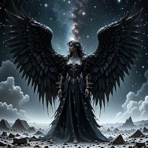 This detailed digital artwork depicts a striking female figure with large, black, feathered wings that extend from her shoulders to her feet. She is adorned in a long, flowing black dress with intricate gold accents, including a corset-like top and a gold belt. Her long, wavy black hair cascades down her back, and she gazes to the left. The background features a starry night sky with a prominent, glowing moon and a smoky, cloud-like formation. Below her, the ground is littered with jagged rocks and boulders, creating a rugged, otherworldly terrain. The overall scene evokes a sense of fantasy and mystery, reminiscent of a high-fantasy video game.