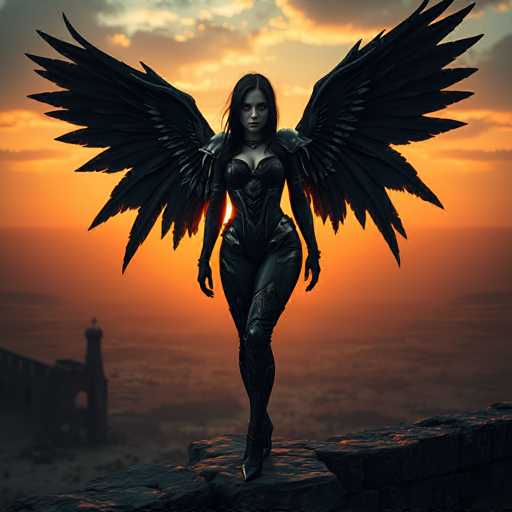 A powerful, dark fantasy warrior stands on a rocky cliff overlooking a dramatic sunset. She is clad in a sleek, black, armored suit with large, ornate black wings that seem to be made of feathers or a similar dark material. Her face is serious and her gaze is directed forward, conveying a sense of strength and determination. The background features a warm, orange sky with hints of purple and clouds, creating a dramatic contrast with the dark figure. The overall lighting emphasizes her silhouette against the vibrant sunset, highlighting the details of her armor and wings.