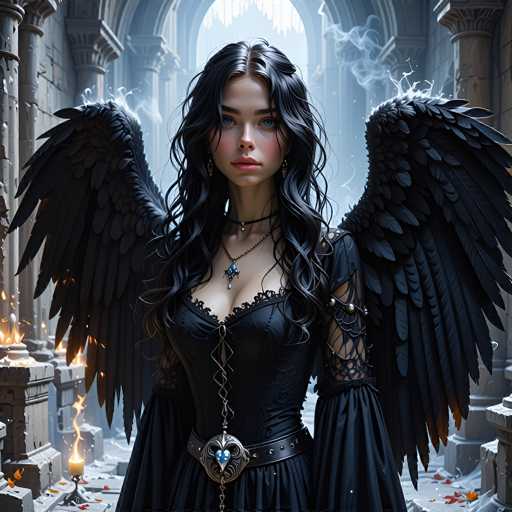 The image depicts a young woman with long, wavy black hair and striking blue eyes, standing in the center of a grand, ancient stone building. She is adorned in a black dress with intricate lace details and a prominent silver belt featuring a blue heart-shaped buckle. Large, black feathered wings extend from her back, adding to her ethereal appearance. Her face is framed by a choker necklace and a longer necklace with a blue pendant. The background reveals a series of stone arches and columns, with a large arched doorway at the top center, through which light streams in. The floor is scattered with lit candles in silver holders, casting a warm glow throughout the scene. The overall atmosphere is one of mystical elegance, with a blend of dark and light elements enhancing the surreal quality of the image.