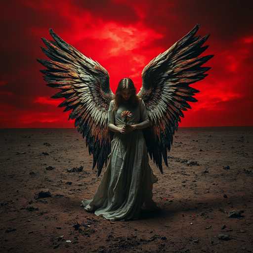 In this striking and surreal image, a woman stands in a barren, rocky field under a sky ablaze with intense red and orange hues, suggesting a dramatic sunset or possibly a fiery backdrop. She is dressed in a flowing, light green or gray gown that drapes elegantly to the ground, with long sleeves that reach her wrists. Her dark brown hair is parted in the middle, framing her face as she looks down at a single, vibrant red rose held delicately in her hands. Her wings, large and majestic, extend behind her, displaying a gradient of colors from dark brown at the tips to lighter shades of brown and gray near her body. The wings are intricately detailed, with feathers that appear almost metallic or stone-like, adding to the otherworldly atmosphere of the scene. The ground beneath her is a mix of dirt and scattered rocks, enhancing the desolate yet captivating setting. The overall composition evokes a sense of melancholy beauty, blending elements of fantasy and realism.