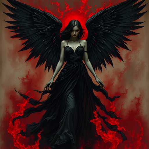 A woman with long dark hair and wings is depicted wearing a black dress against a red background speckled with white flames.