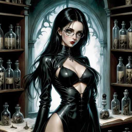 The image portrays a striking young woman with long, flowing black hair and pale skin, standing confidently in front of a large, ornate window. She is dressed in a form-fitting, black leather dress that accentuates her figure, featuring a high collar, long sleeves, and a daring cutout that extends from her chest down to her stomach, revealing a black bra underneath. The dress also includes a corset-like lacing at the front, adding to its gothic allure. She wears black-rimmed glasses and red lipstick, her head slightly tilted to the right as she gazes directly at the viewer. 

Flanking her on both sides are wooden shelves filled with an assortment of glass bottles, some containing mysterious substances like skulls, bones, and possibly dried flowers or plants. The bottles are adorned with old, yellowed labels, enhancing the eerie atmosphere. The window behind her is large and arched, framed by intricate stone carvings, and the light streaming through it casts a dramatic illumination on the scene. The overall composition, with its detailed elements and gothic aesthetic, suggests that the image might be AI-generated or a highly stylized digital artwork.