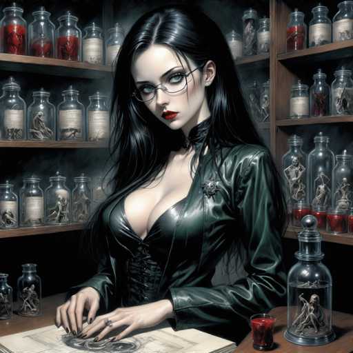 The image depicts a woman with long dark hair wearing glasses and a black leather jacket sitting at a desk surrounded by various glass jars filled with red liquids. The background shows shelves lined with more glass jars containing different colored liquids.