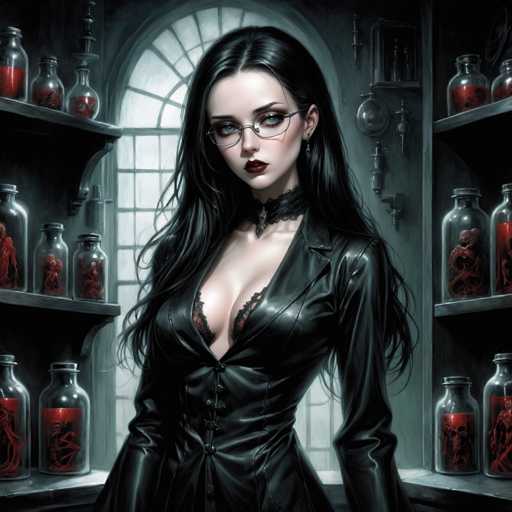 The image depicts a woman with long dark hair wearing a black leather outfit and glasses standing in front of a window filled with red glass bottles containing skulls or other skull-related items. The background is dark and features an archway that leads to another room.