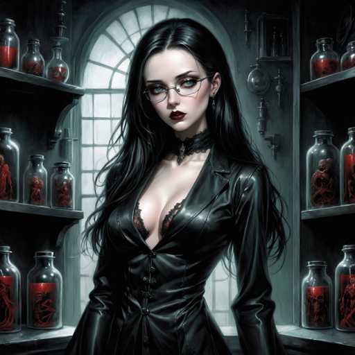 The image depicts a young woman with long, dark black hair and striking blue eyes, standing in a laboratory-like setting. She is dressed in a black leather jacket over a black lace bra, and her outfit is complemented by a black choker adorned with a silver pendant. Her lips are painted a deep red, and she wears small, rectangular glasses. The background features a large, arched window with a grid pattern, through which light filters into the room. Surrounding her are numerous shelves filled with glass jars containing various red substances, including skulls, skeletons, and other macabre items. The overall atmosphere is dark and mysterious, with the woman's pale complexion contrasting sharply against the shadowy backdrop.