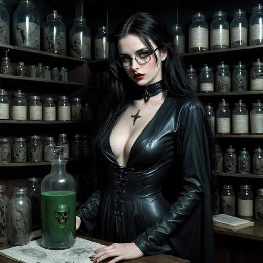 A woman with long dark hair and glasses stands in front of a table covered with various glass jars containing different colored liquids. She is wearing a black leather dress that contrasts with the colorful contents of the jars around her. The background features shelves filled with more jars and bottles, creating an atmosphere reminiscent of a laboratory or a shop selling exotic substances.