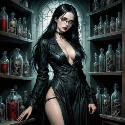 The image depicts a striking gothic scene featuring a woman with long, dark hair and pale skin. She is adorned in a revealing black leather dress that plunges down to her belly button, complemented by a black choker around her neck. Her attire includes a garter belt on her right leg, adding to her provocative appearance. She wears glasses and has bold red lipstick, enhancing her dramatic look. The woman stands in a laboratory-like setting, surrounded by wooden shelves filled with various glass bottles. These bottles contain an assortment of items, including human skulls, red liquids, and other mysterious substances. Behind her, a large arched window with intricate designs allows light to filter into the room, casting an eerie glow over the scene. The overall atmosphere is dark and mysterious, with a color palette dominated by blacks, grays, and touches of red, emphasizing the gothic and somewhat sinister ambiance.