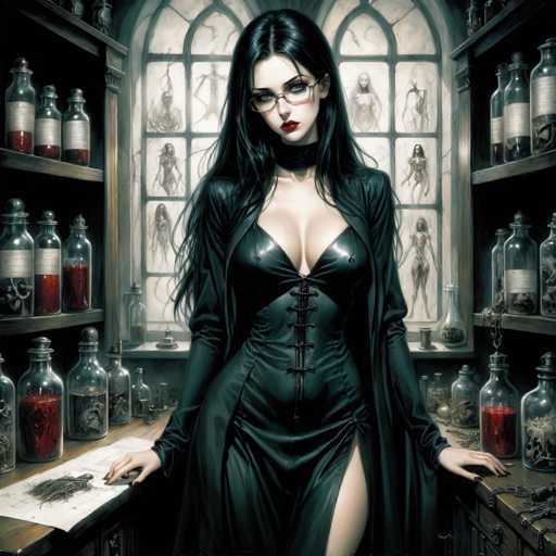 The image depicts a striking gothic scene featuring a woman with long, dark hair cascading past her chest. She is adorned in a black dress with a revealing corset that ties up the front, accentuating her ample bosom. Her attire includes a black cape that drapes elegantly over her shoulders and down her arms. The woman's face is framed by glasses, and she sports vivid red lipstick that contrasts sharply with her pale skin. Her expression is serious, with a slight tilt of her head to the right, and she gazes directly at the viewer.

Her hands rest on a wooden table, which is cluttered with various items. To her left, there is a piece of paper with a black circle on it, and a small pile of twigs. The table is also adorned with several glass bottles containing different colored liquids—red, black, and clear. Behind her, a window reveals a dark, eerie backdrop filled with drawings of skeletal figures and other macabre images, adding to the overall gothic atmosphere of the scene.