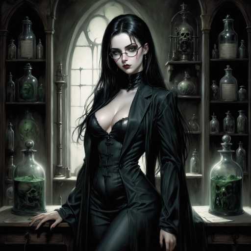 The image depicts a striking gothic-style painting of a young woman, likely in her 20s, with long, dark black hair cascading down her shoulders. She is adorned in a form-fitting, low-cut black leather corset that accentuates her curvaceous figure, paired with a long black leather trench coat. Her attire is completed with black tights and a choker around her neck. She wears black-rimmed glasses and has dark red lipstick, with a touch of blush on her cheeks, giving her a pale, almost ethereal complexion. Her eyes are a captivating grayish-blue.

The woman is posed with her left hand resting on a wooden table, which is cluttered with various glass containers filled with green liquid and human skulls. Her right hand is placed on her hip, adding to her confident and alluring stance. Behind her, a large arched window with intricate leaded designs allows light to filter into the room, illuminating the scene. Flanking the window are tall, dark wooden shelves lined with more glass jars containing similar green liquids and skulls, contributing to the eerie atmosphere. The room itself is dimly lit, enhancing the gothic and mysterious ambiance of the painting.