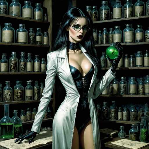 The image depicts a strikingly beautiful woman with long, black hair cascading down to her waist. She is adorned in a sleek, white lab coat that contrasts sharply with her attire beneath. Under the coat, she wears a black leather bustier that accentuates her ample chest, paired with black panties. Her ensemble is completed with black gloves that extend up to her elbows. Around her neck, she sports a black choker, adding to her gothic allure.

Her eyes are a mesmerizing green, and she wears dark red lipstick that enhances her captivating appearance. She stands in front of a wooden bookcase filled with an assortment of glass bottles, each labeled with various contents. Some bottles contain skulls, while others are filled with green liquids, contributing to the mysterious and somewhat eerie atmosphere of the scene. The woman's pose is both confident and alluring, as she gazes directly at the viewer, exuding an air of mystery and power.