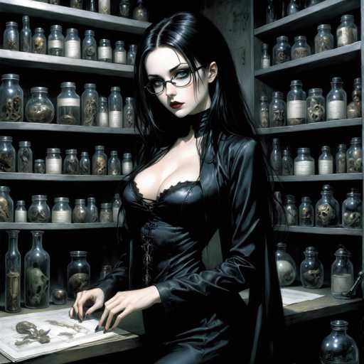 The image depicts a striking gothic scene featuring a woman with long, straight black hair parted in the middle. She is dressed in a black leather dress that reveals a significant amount of cleavage, complemented by a black lace bra underneath. Her attire is accentuated by a high collar that extends up to her neck. The woman's pale skin contrasts sharply with her dark red lipstick and the black-rimmed glasses perched on her nose. Her eyes are a captivating shade of blue, adding a touch of mystique to her appearance.

In front of her lies a piece of paper with a drawing, and she appears to be holding a pen or pencil in her hand, suggesting she might be in the process of sketching. The background is filled with numerous glass jars, some containing skulls and other macabre items, while others hold various objects like plants or possibly meat. The jars are meticulously arranged on shelves that line the wall behind her, creating an eerie and captivating atmosphere. The overall scene is a blend of gothic elements, with the woman's enigmatic presence at the center of this hauntingly beautiful tableau.
