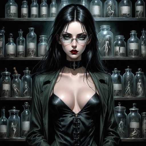 The image depicts a striking, computer-generated woman with long, straight black hair that cascades down to her chest. She has pale skin and wears distinctive, rectangular glasses with a slight curve at the bottom, complementing her large, expressive blue eyes. Her lips are painted a bold red, and she sports a black choker adorned with a silver pendant. She is dressed in a revealing black leather corset, laced up the front, and paired with a dark green, long-sleeved jacket that drapes over her shoulders. The background features a series of shelves filled with various glass jars, each containing small, labeled objects. Some jars hold dried flowers, while others contain miniature figurines of women in various poses, adding an intriguing and somewhat eerie element to the scene.