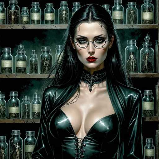 The image depicts a strikingly beautiful woman with long, black hair cascading down her shoulders. She is adorned with a choker that features a prominent pendant, adding an air of elegance to her ensemble. Her attire consists of a sleek, black leather dress that accentuates her figure, complete with a corset laced up the front. She wears glasses that frame her face, and her lips are painted a vivid red, drawing attention to her full, expressive features. The background is a dark, almost black hue, which contrasts sharply with the woman's pale skin and dark hair. Surrounding her are numerous glass jars, each containing a different woman preserved within, adding an element of mystery and intrigue to the scene.