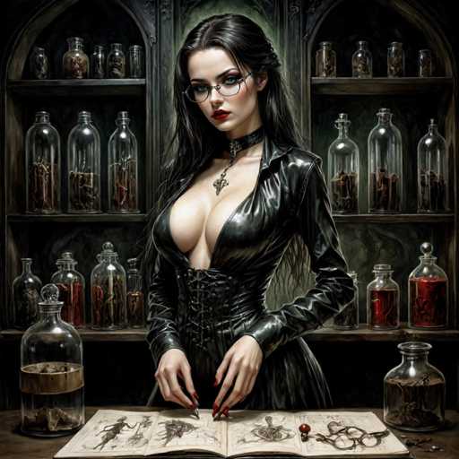 The image depicts a strikingly beautiful woman with long, dark hair cascading down to her waist. She is adorned in a sleek, black leather dress that accentuates her figure, featuring a deep neckline that plunges down to her belly button. The dress is form-fitting, highlighting her chest and slender waist, and is cinched at the waist with a corset-like belt. Around her neck, she wears a black leather choker with a pendant that dangles elegantly.

Her face is framed by glasses, and her lips are painted a vivid red, adding a touch of boldness to her appearance. She stands poised in front of a wooden table, upon which lies an open book filled with intricate drawings. Surrounding her are numerous glass jars, some containing red liquids, others filled with various objects, and a few holding water. The background features a wooden wall adorned with more glass jars, each filled with different items, creating a visually captivating and mysterious atmosphere.