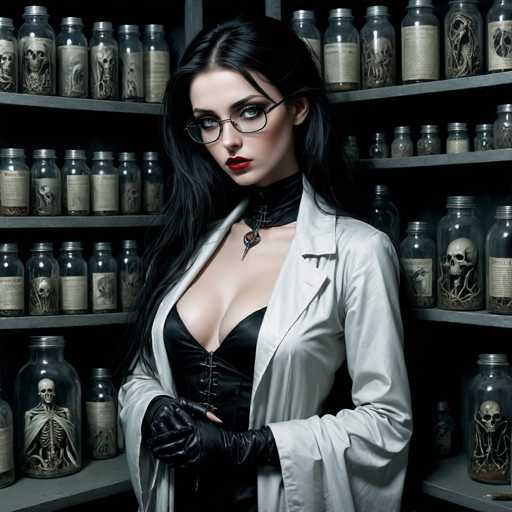In this AI-generated image, a woman stands in front of a meticulously organized bookshelf filled with various scientific artifacts. The bookshelf, which has a grayish hue, is lined with numerous glass jars and bottles, each containing different specimens. Some jars hold skulls, while others contain skeletons, roots, and other intriguing items. The shelves are neatly arranged, with the jars varying in size and shape, adding to the eclectic yet scientific ambiance of the scene.

The woman in the image has long, black hair and is wearing glasses. Her attire is a blend of scientific and gothic styles, featuring a white lab coat over a black corset. She also sports black gloves and a black choker necklace with a pendant. Her makeup is striking, with bold red lipstick and heavy eye makeup, enhancing her enigmatic appearance. She stands with her hands clasped in front of her, looking directly at the camera, exuding an air of mystery and sophistication.