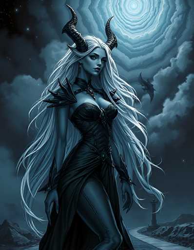A digital painting of a dark, ethereal demon woman with long, flowing white hair and large, curved horns. She is wearing a black, intricately detailed dress with dark, sharp accents. Her eyes are piercing blue and she has a serious expression. The background is a dark, stormy sky with swirling clouds and a faint glow emanating from the top center. A small, shadowy bat-like creature is flying in the background. The overall color palette is cool and dark, with shades of blue and black dominating the image. The style is reminiscent of fantasy art, with a focus on dramatic lighting and detailed textures.