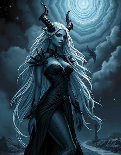 The image portrays a striking fantasy scene featuring a central female character with long, flowing white hair and a pale complexion. She has two large, black, spiral horns protruding from her head and is adorned with a black choker necklace that has a red jewel. Her attire includes a revealing black dress with spiky shoulder pads and a slit up the side, complemented by black tights. The character's hands are positioned at her sides, and she gazes directly at the viewer.

The background is a dark, night sky filled with swirling clouds and a prominent moon that casts a bluish glow over the scene. A black bat is visible in the sky, adding to the eerie atmosphere. Below the character, there is a stone pathway bordered by rocky terrain, and a lighthouse stands in the distance. The overall color palette of the image is dominated by shades of blue, black, and white, enhancing the mystical and otherworldly feel of the scene.